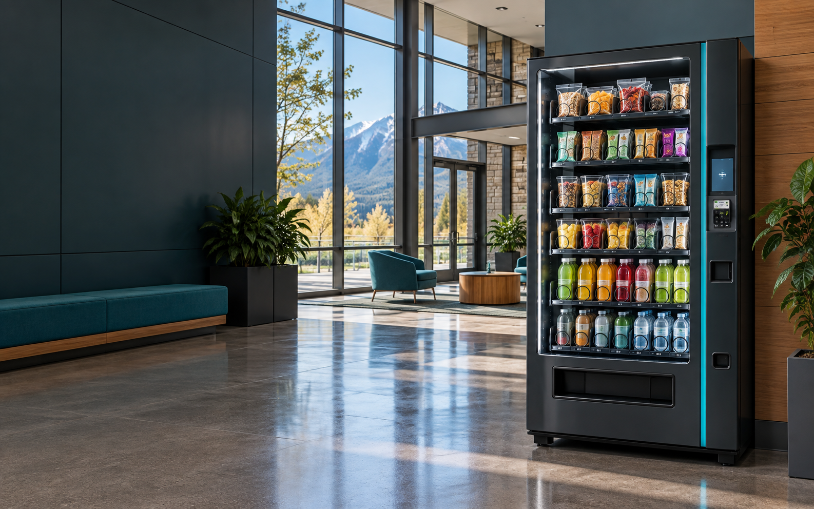 A modern vending machine with snacks and drinks in a bright Colorado facility